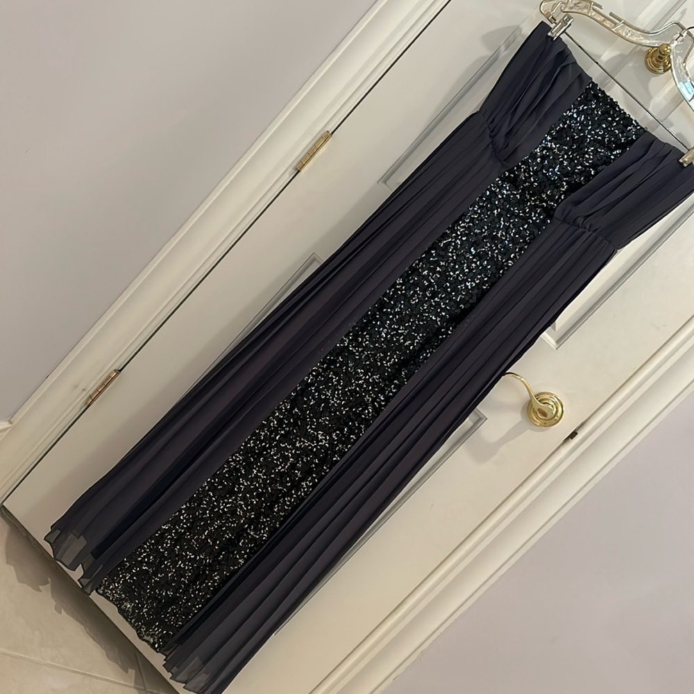 Calvin Klein pewter strapless gown